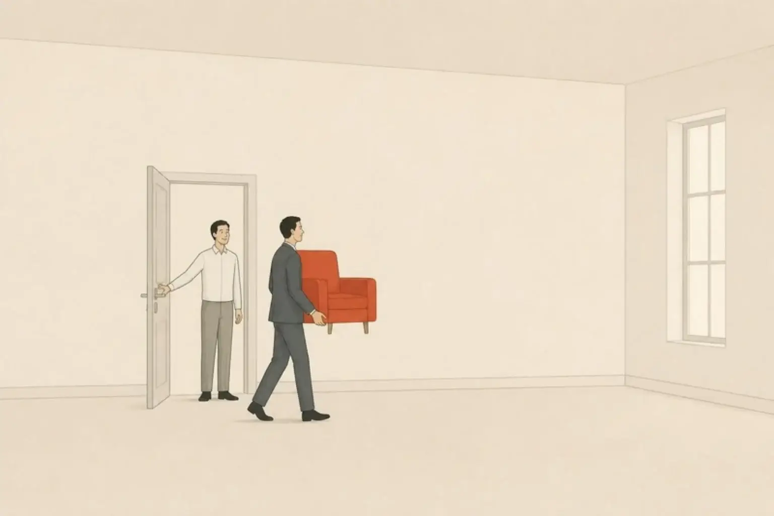Lonely after divorce: a man carries a single red chair into an empty new flat while a friend holds the door open