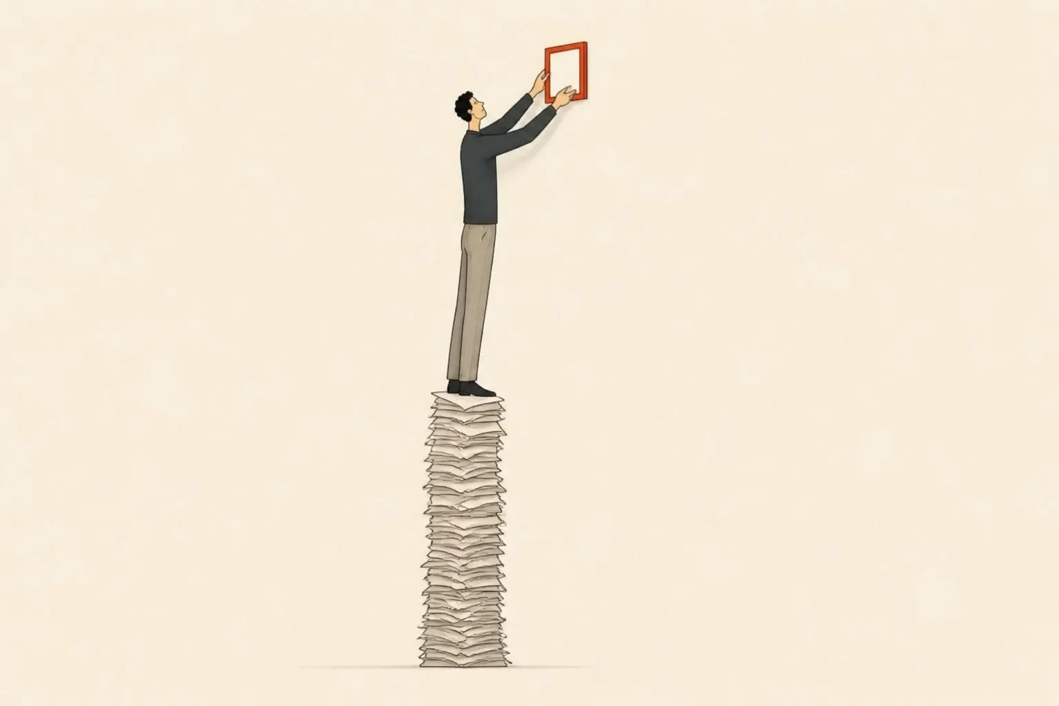 Low self-esteem in men: a man stands on a stack of crumpled notes and hangs a red frame on an empty wall