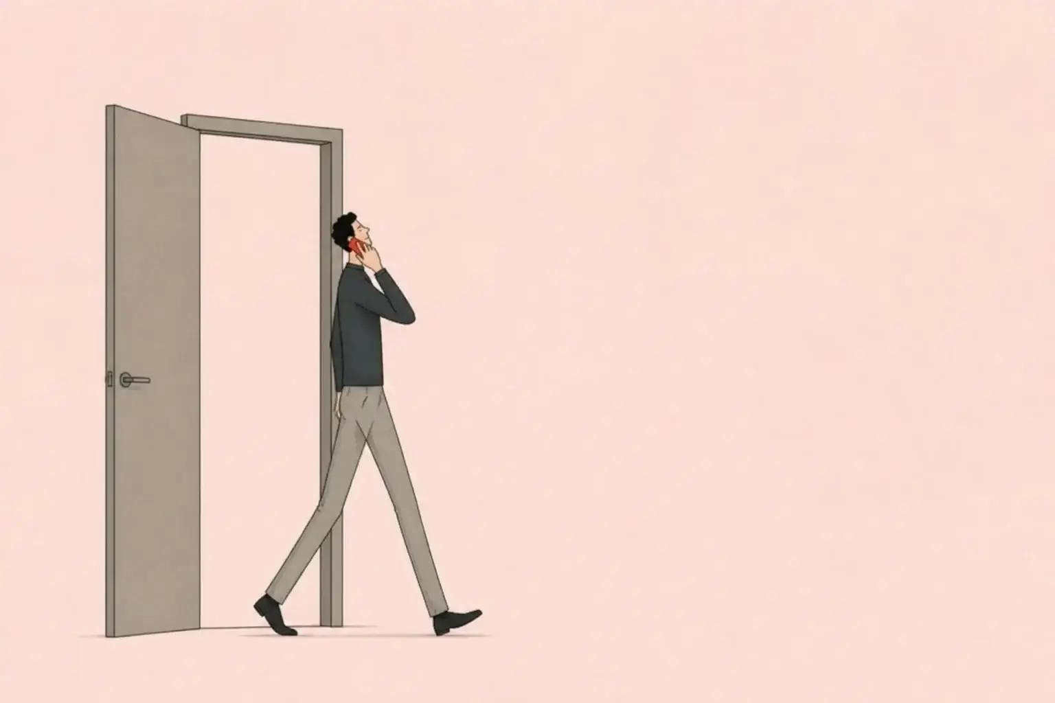 My wife is abusive: a man walks out of an open doorway, holding a red phone to his ear