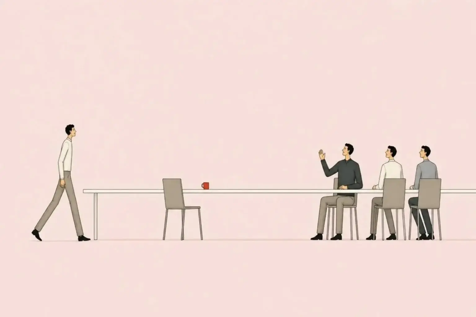No friends as a man: three men at a long table wave him over to a chair with a red cup waiting