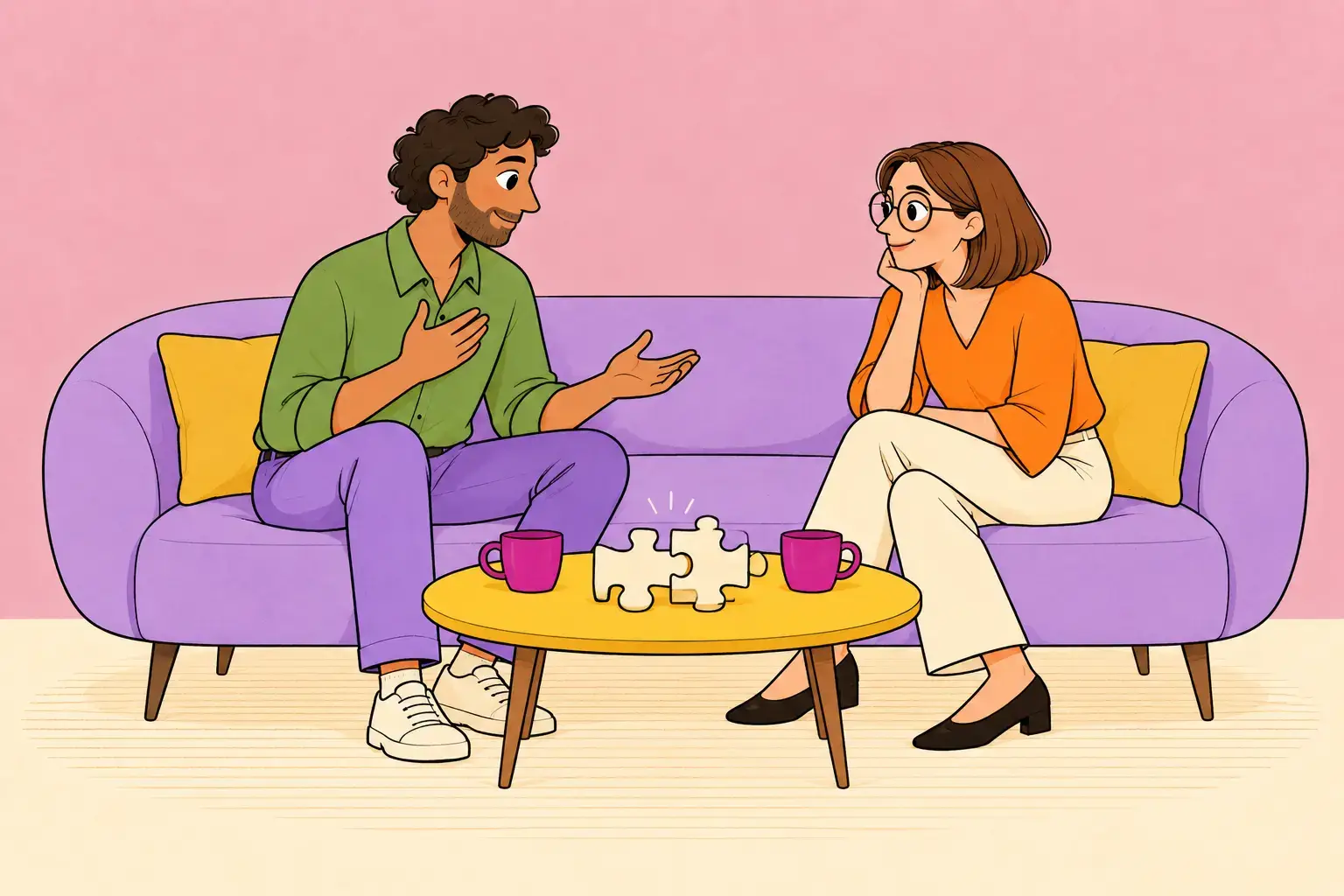 Two adults talking on a lilac sofa, with matching puzzle pieces on the table.