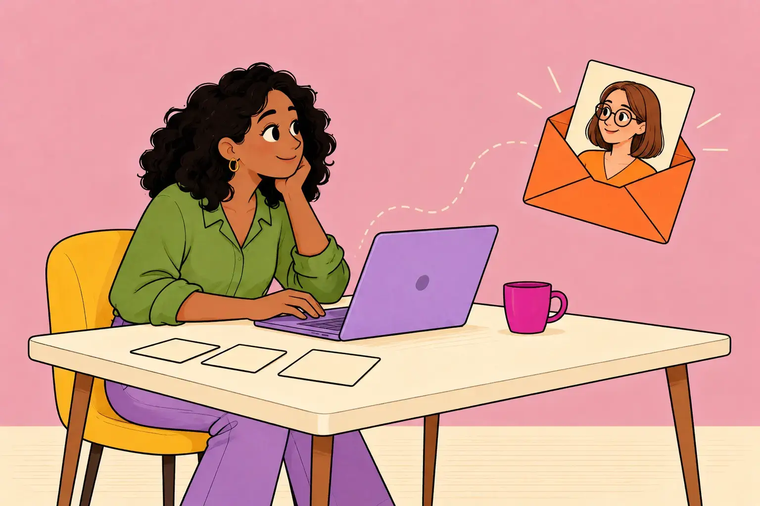 A woman writing at a laptop beside an illustrated envelope containing Kita’s portrait.