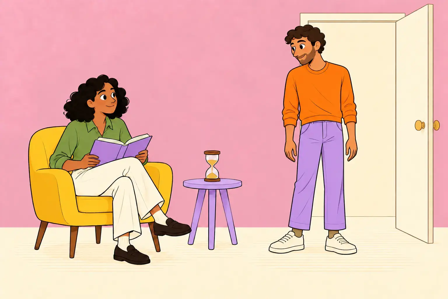 A couple taking time apart, with a woman reading and a man standing nearby beside an hourglass.