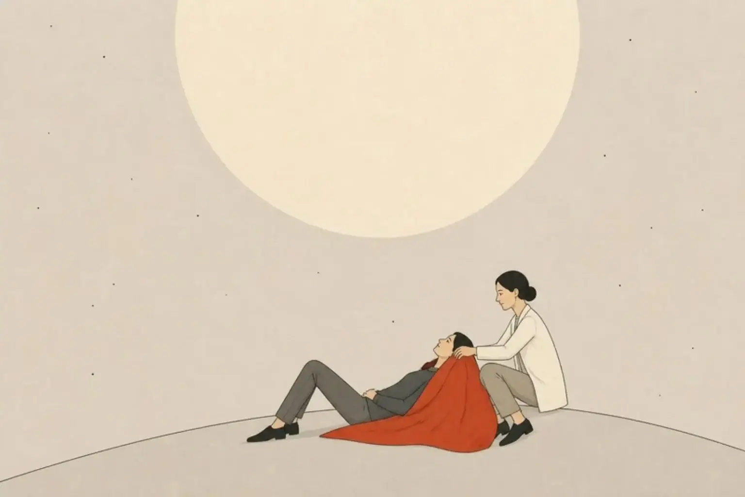 Spiritual awakening or anxiety: a man rests under a vast pale moon while a friend tucks a red blanket around him
