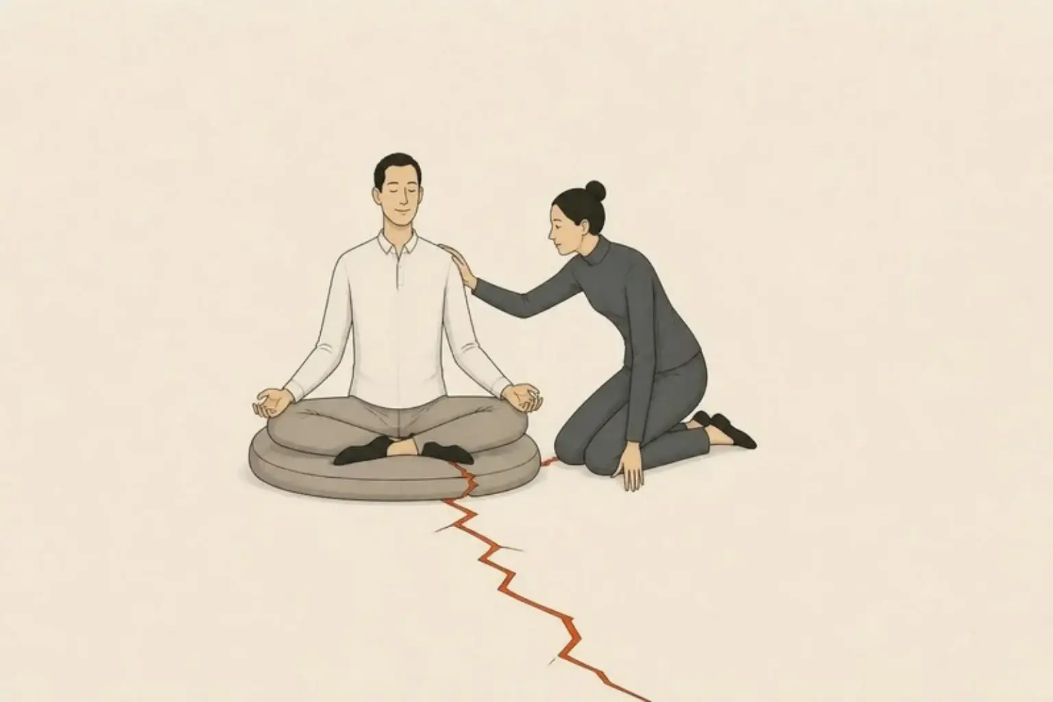 Spiritual bypassing: a smiling man meditates on a cushion while a friend kneels to look at a red crack running across the floor