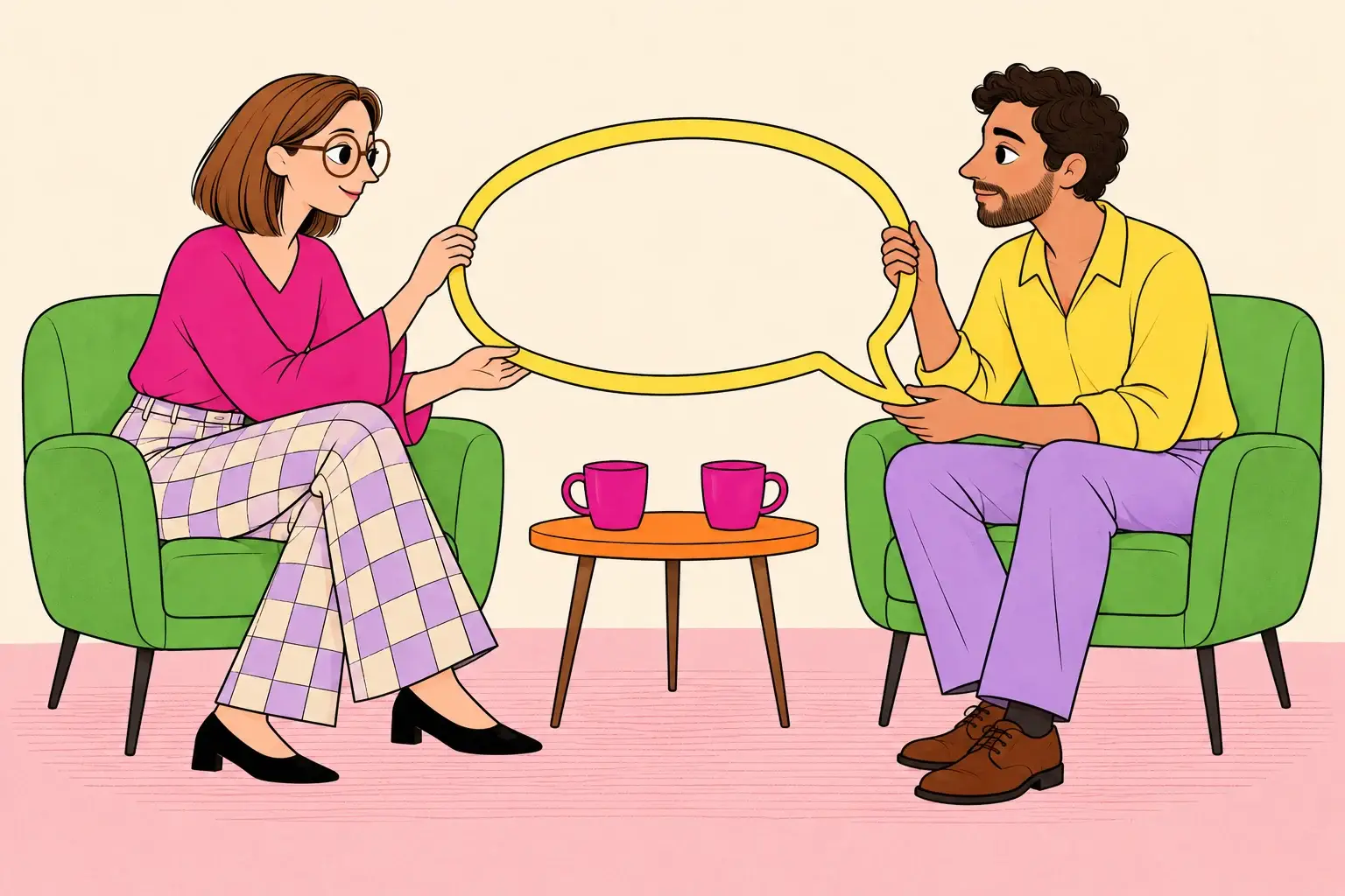 Illustration of two adults seated opposite each other holding a shared speech bubble.