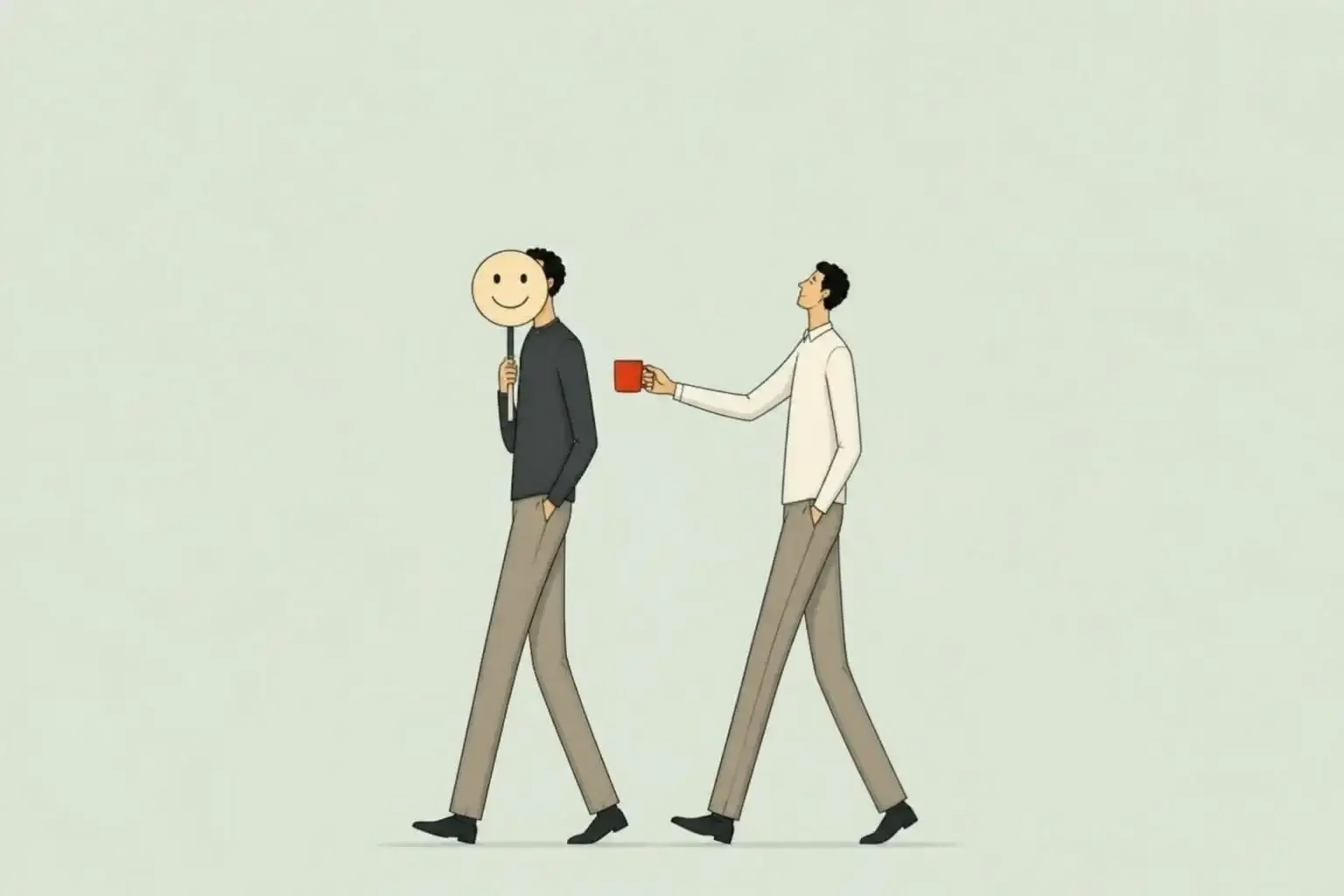 What depression looks like in a man: he holds a cardboard smile on a stick while a friend offers him a red mug