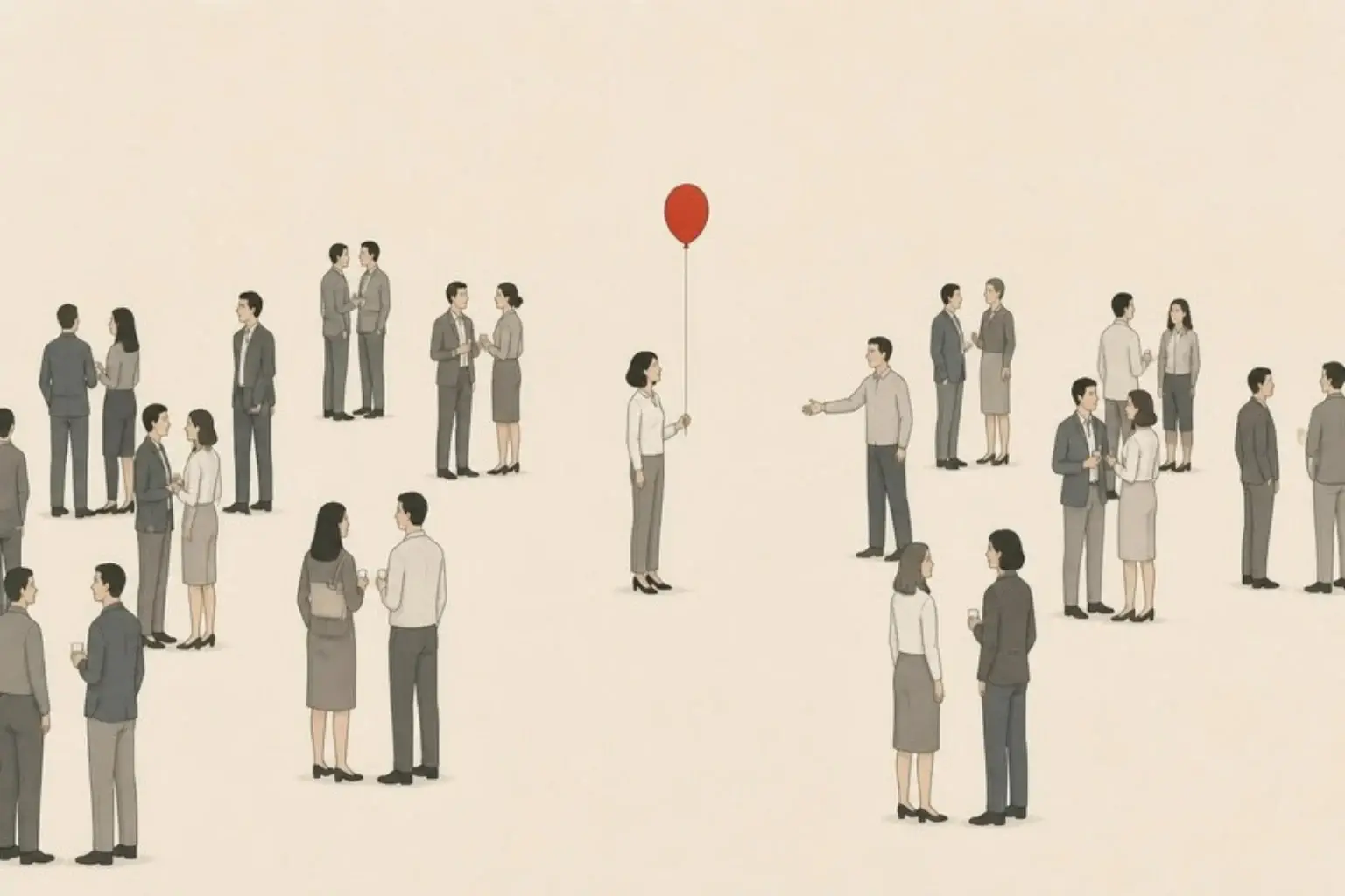 Lonely even around people: a woman holds a red balloon in the middle of a crowded party of grey figures while one figure turns towards her